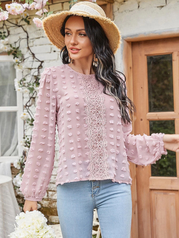 Blue Zone Planet |  round neck balloon sleeve solid color lace shirt BLUE ZONE PLANET