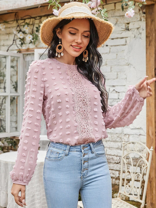 Blue Zone Planet |  round neck balloon sleeve solid color lace shirt BLUE ZONE PLANET