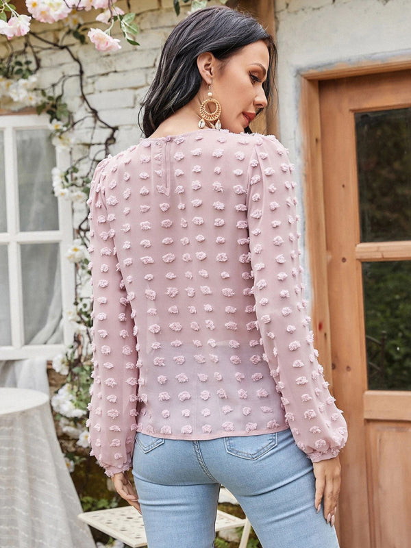 Blue Zone Planet |  round neck balloon sleeve solid color lace shirt BLUE ZONE PLANET