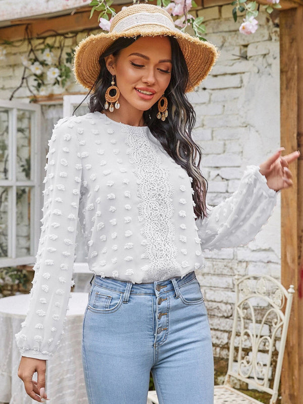 Blue Zone Planet |  round neck balloon sleeve solid color lace shirt BLUE ZONE PLANET