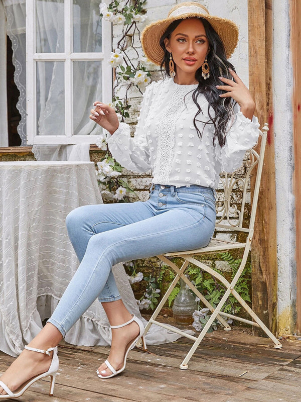Blue Zone Planet |  round neck balloon sleeve solid color lace shirt BLUE ZONE PLANET