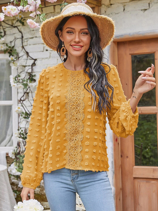 Blue Zone Planet |  round neck balloon sleeve solid color lace shirt BLUE ZONE PLANET