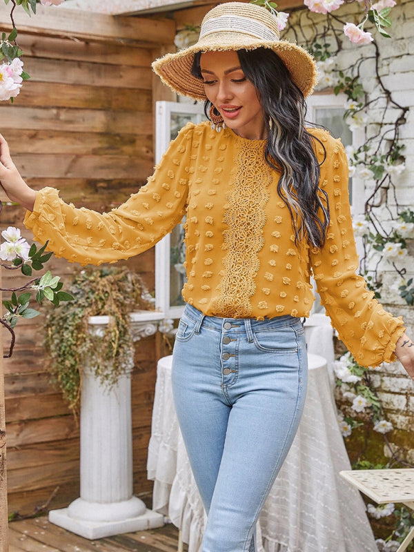 Blue Zone Planet |  round neck balloon sleeve solid color lace shirt BLUE ZONE PLANET