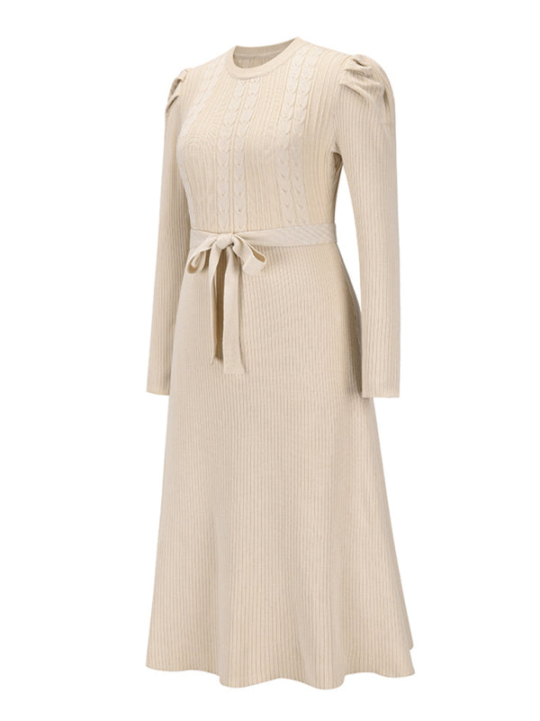 wool knitted puff sleeve high waist mid length dress BLUE ZONE PLANET