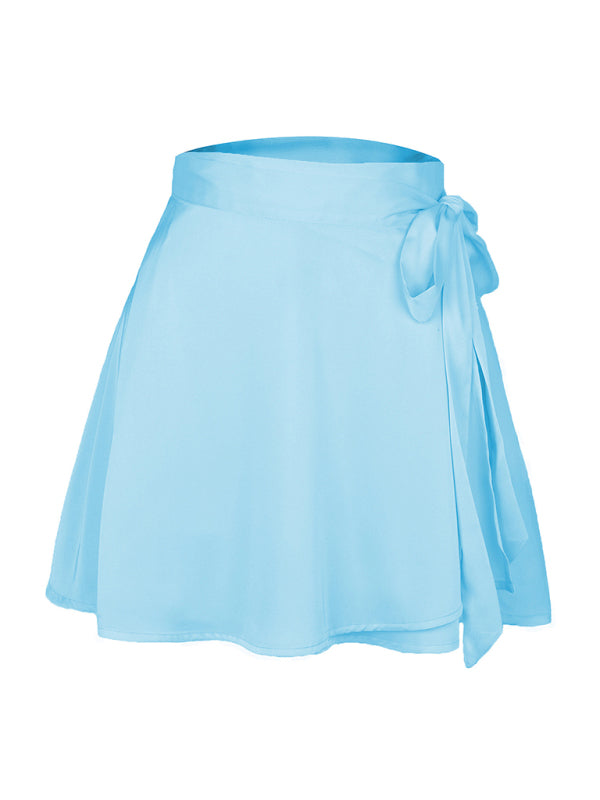 Solid Color Skirt High Waist Fashion One Piece Tie Skirt Chiffon Satin Wrap Skirt BLUE ZONE PLANET