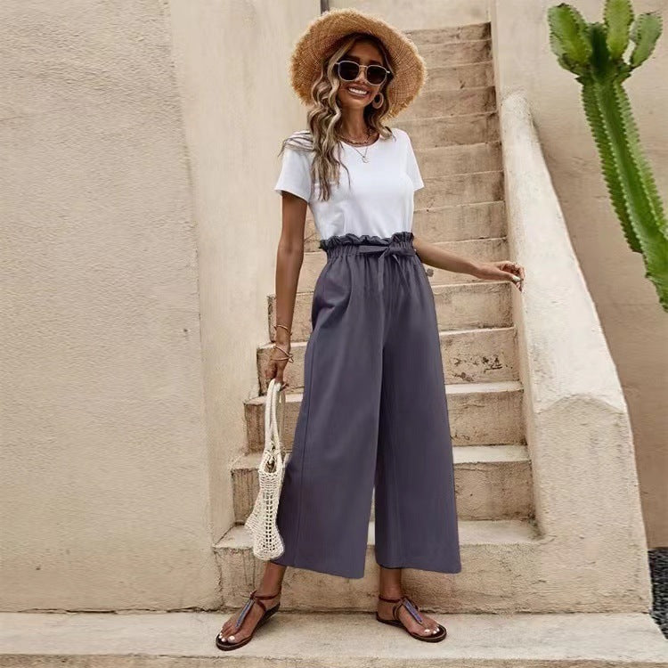 Solid Color Elastic Waist Belted Wide Leg Pants kakaclo