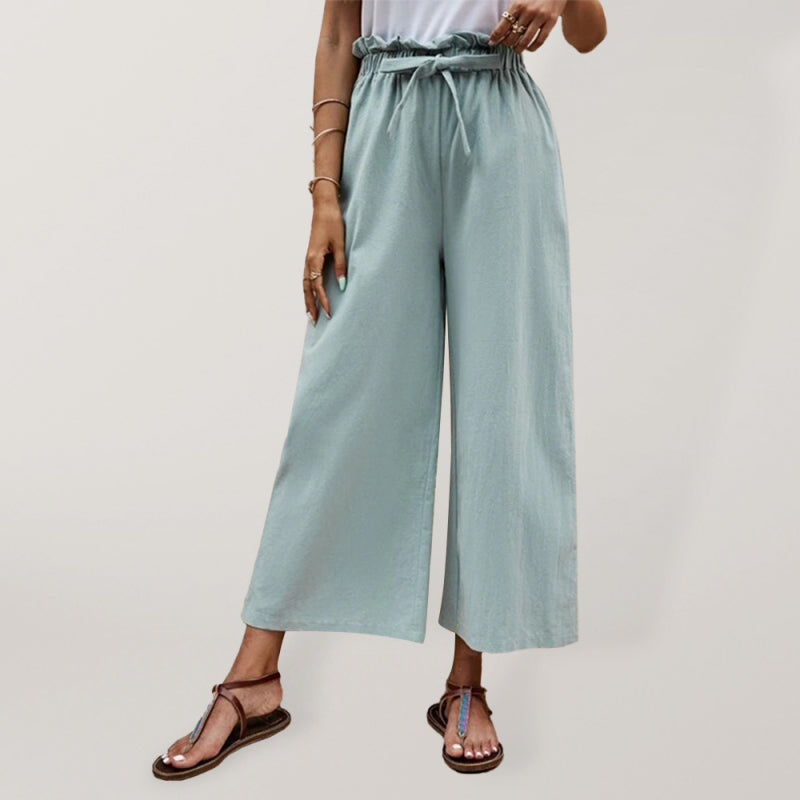 Solid Color Elastic Waist Belted Wide Leg Pants kakaclo