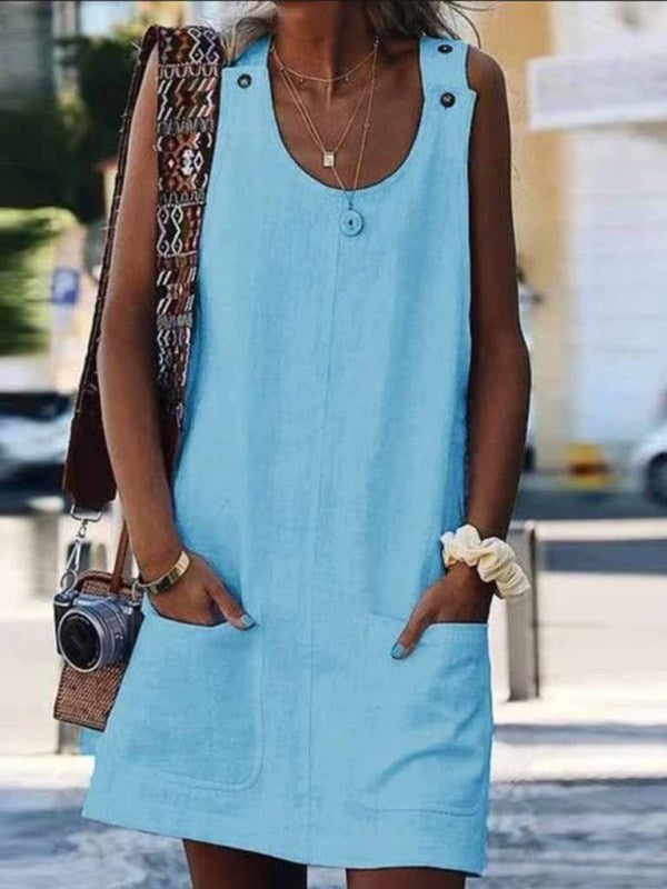 Ladies Pocket Button Cotton Linen Spaghetti Strap Dress BLUE ZONE PLANET
