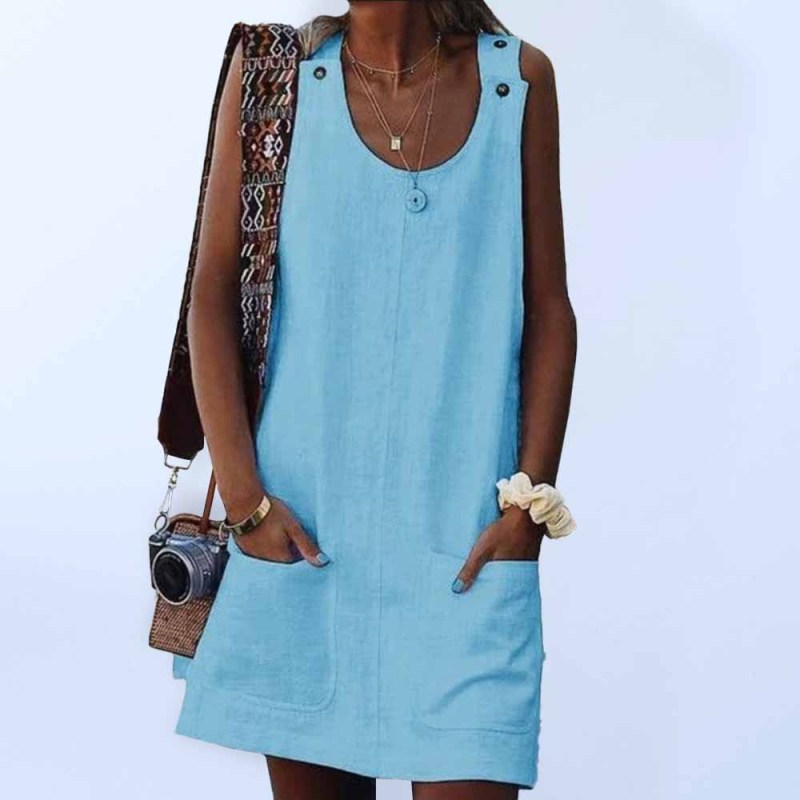 Ladies Pocket Button Cotton Linen Spaghetti Strap Dress BLUE ZONE PLANET