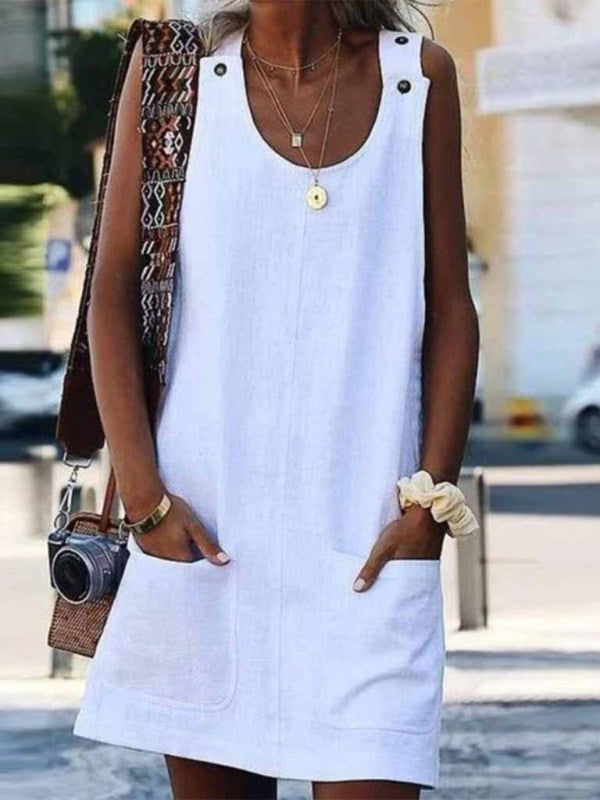 Ladies Pocket Button Cotton Linen Spaghetti Strap Dress BLUE ZONE PLANET