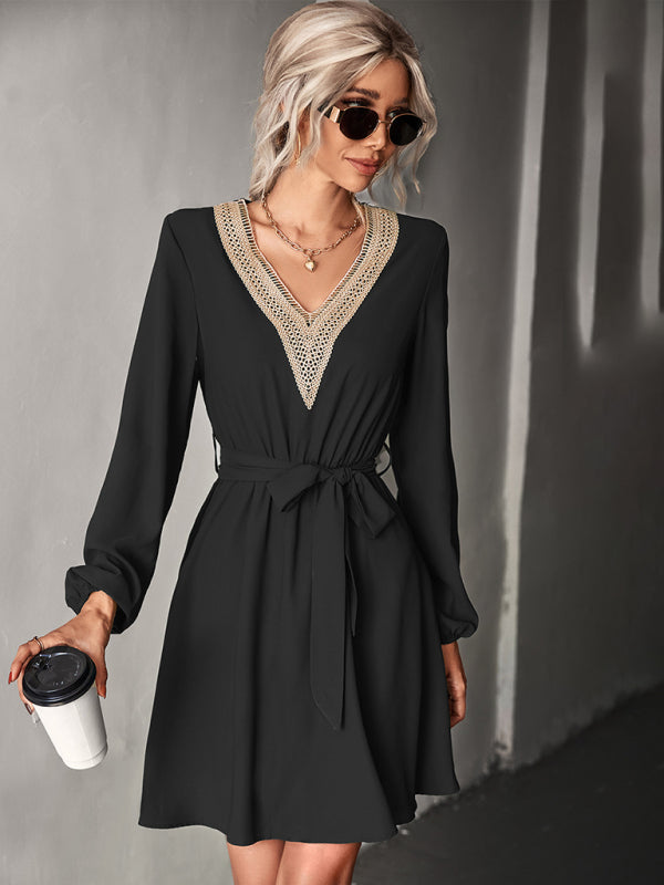 Blue Zone Planet |  Elegant V Neck Lace Long Sleeve Slim Classic Dress BLUE ZONE PLANET