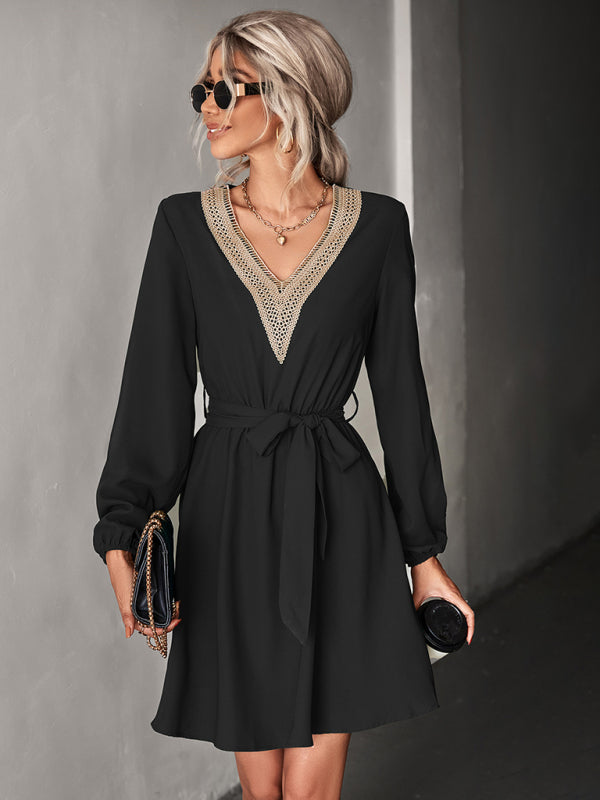 Blue Zone Planet |  Elegant V Neck Lace Long Sleeve Slim Classic Dress BLUE ZONE PLANET