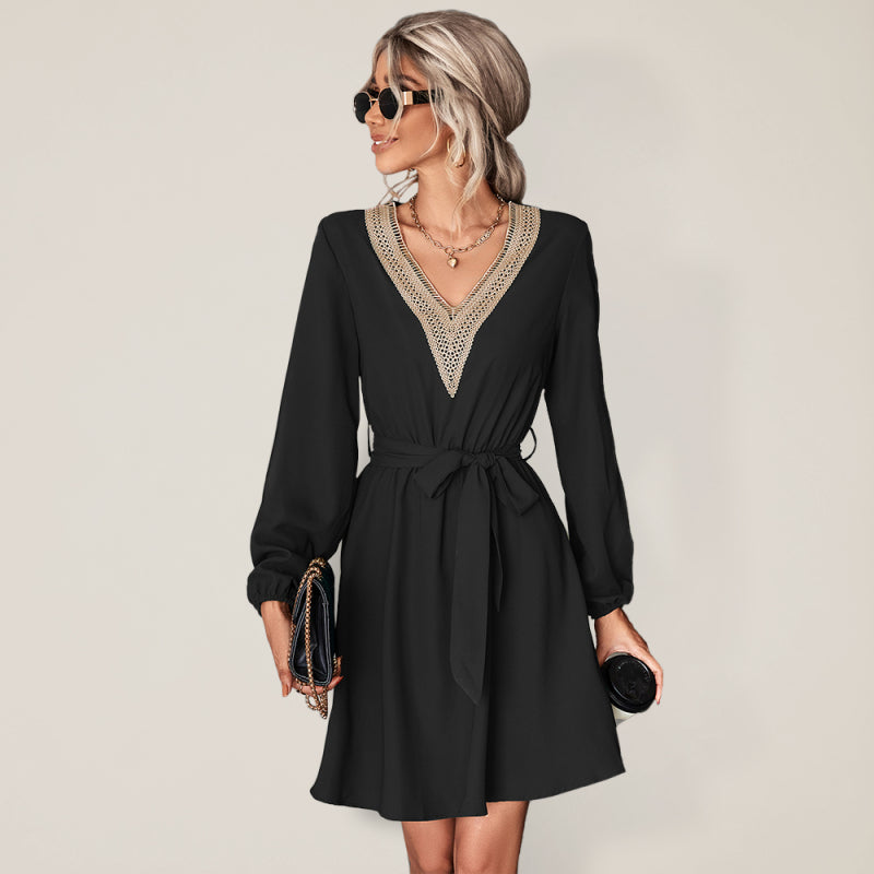Blue Zone Planet |  Elegant V Neck Lace Long Sleeve Slim Classic Dress BLUE ZONE PLANET