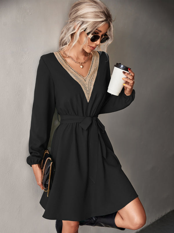 Blue Zone Planet |  Elegant V Neck Lace Long Sleeve Slim Classic Dress BLUE ZONE PLANET