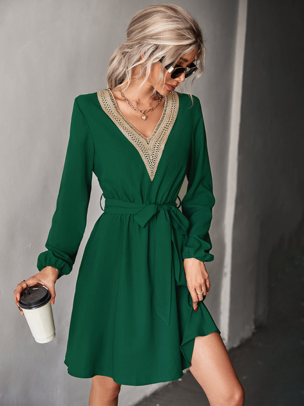 Blue Zone Planet |  Elegant V Neck Lace Long Sleeve Slim Classic Dress BLUE ZONE PLANET
