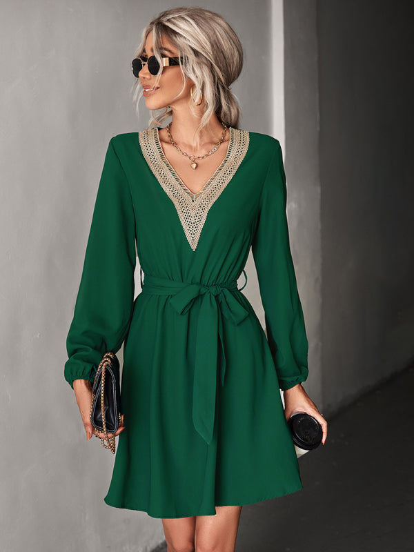 Blue Zone Planet |  Elegant V Neck Lace Long Sleeve Slim Classic Dress BLUE ZONE PLANET