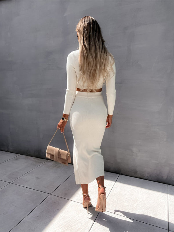 style solid color threaded long-sleeved fashion slit dress two-piece set kakaclo