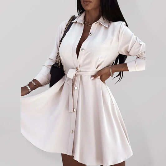 Blue Zone Planet |  Women's solid lapel button tie dress kakaclo