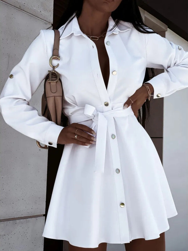 Blue Zone Planet |  Women's solid lapel button tie dress kakaclo