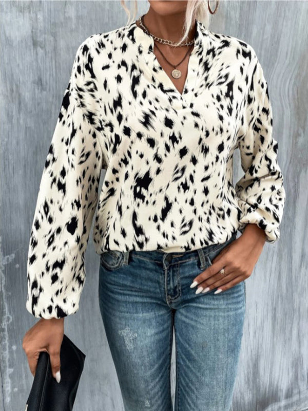 Women's leopard print full-print V-neck long-sleeved blouse kakaclo