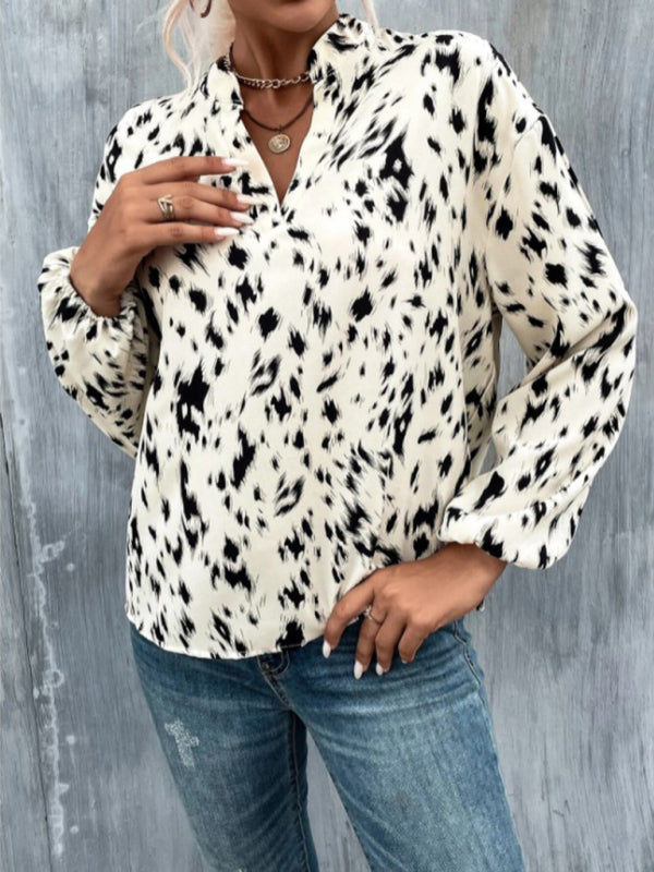 Women's leopard print full-print V-neck long-sleeved blouse kakaclo