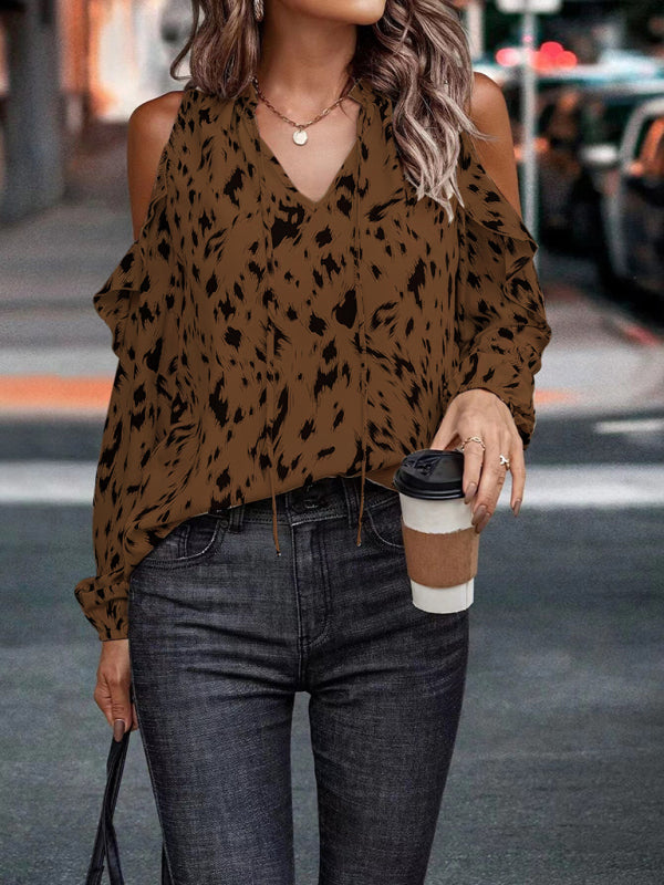 Women's leopard print full-print V-neck off-the-shoulder long-sleeved blouse kakaclo