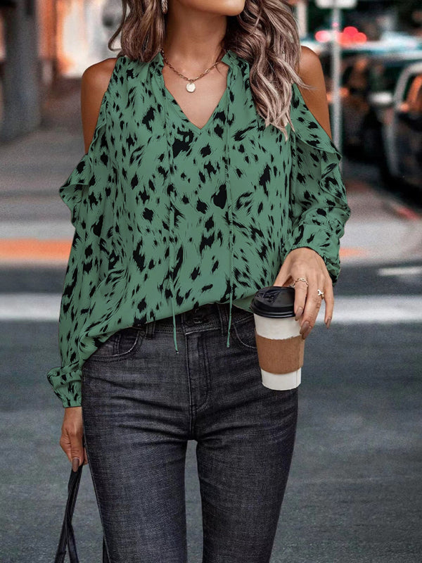 Women's leopard print full-print V-neck off-the-shoulder long-sleeved blouse kakaclo