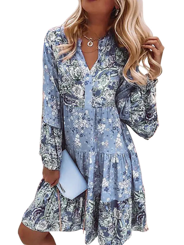 V-neck floral mosaic printed skirt cropped sleeve layered mini dress kakaclo
