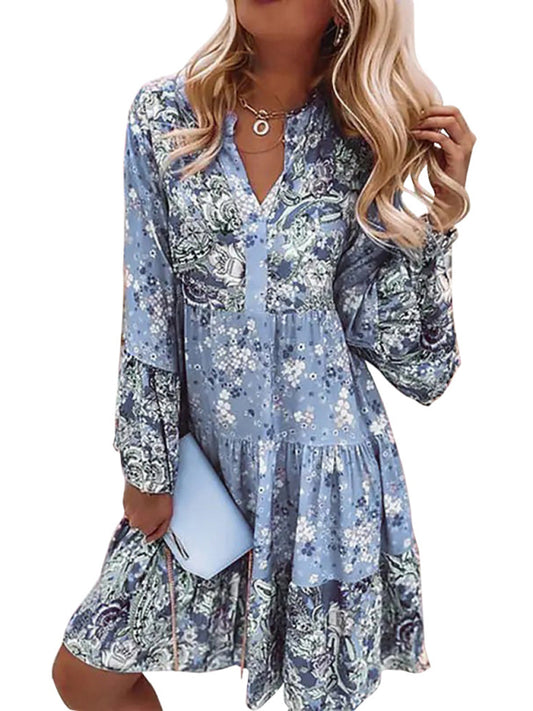 V-neck floral mosaic printed skirt cropped sleeve layered mini dress kakaclo