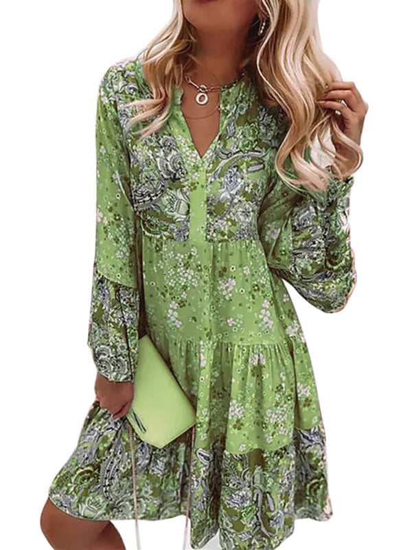 V-neck floral mosaic printed skirt cropped sleeve layered mini dress kakaclo