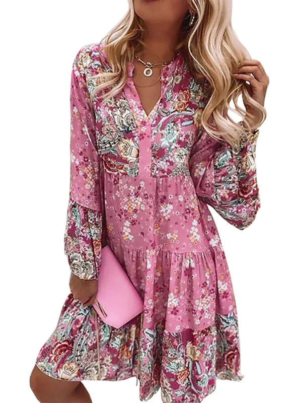 V-neck floral mosaic printed skirt cropped sleeve layered mini dress kakaclo