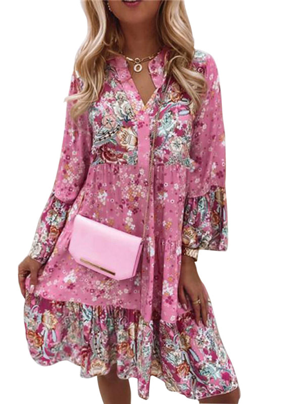 V-neck floral mosaic printed skirt cropped sleeve layered mini dress kakaclo