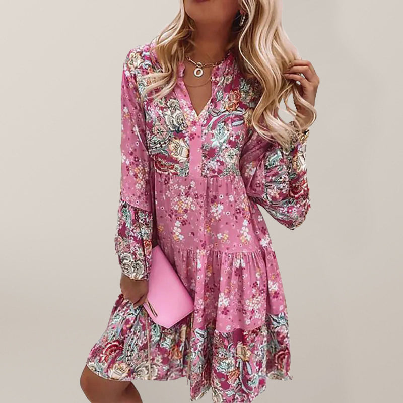 V-neck floral mosaic printed skirt cropped sleeve layered mini dress kakaclo
