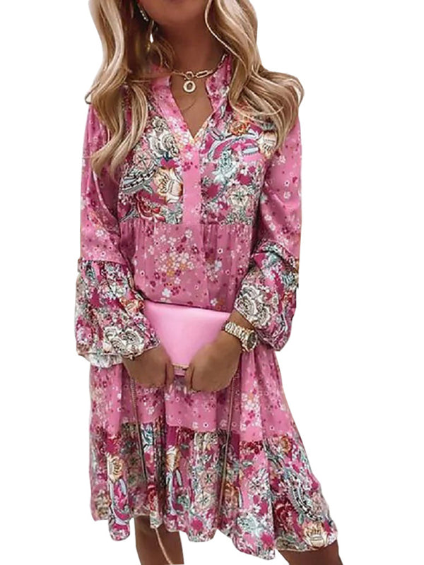 V-neck floral mosaic printed skirt cropped sleeve layered mini dress kakaclo