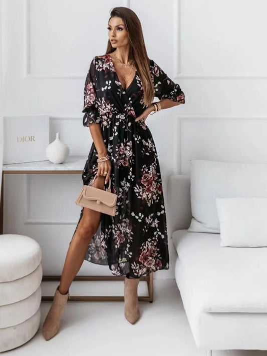 Blue Zone Planet | V-neck chiffon printed dress BLUE ZONE PLANET