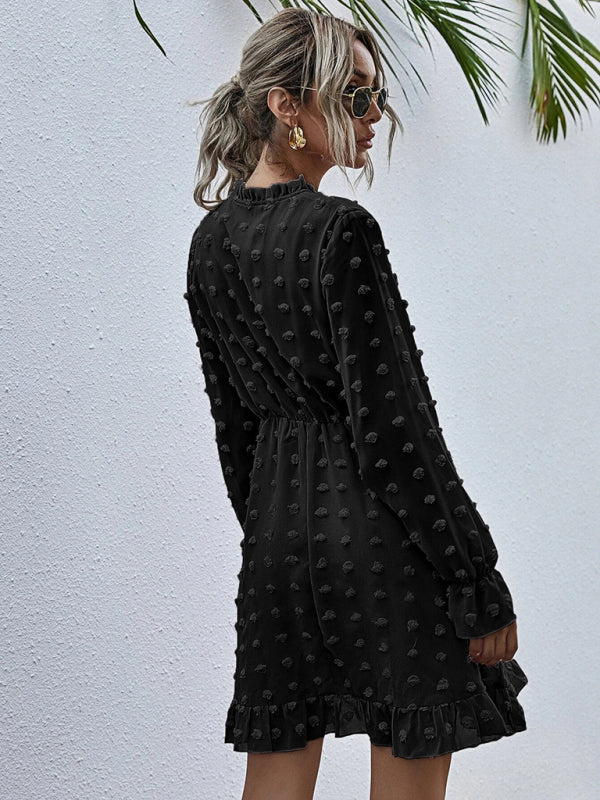 Women's Solid color polka dot jacquard long sleeve dress kakaclo