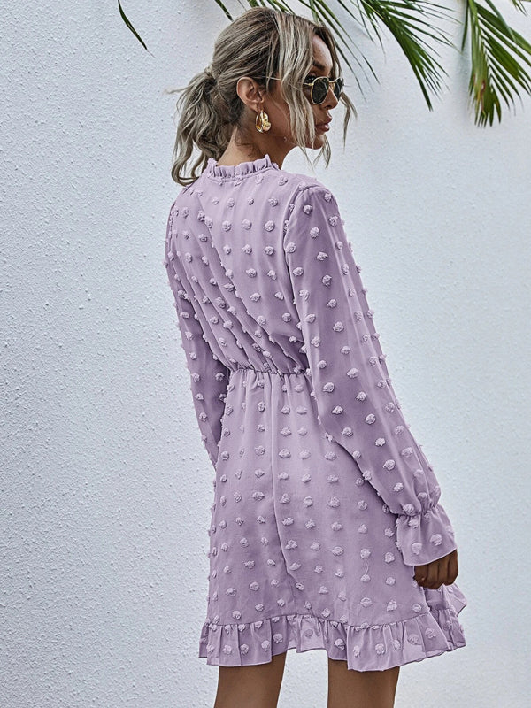 Women's Solid color polka dot jacquard long sleeve dress kakaclo