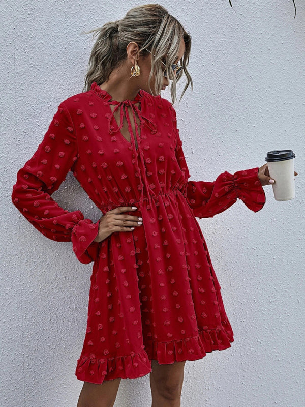 Women's Solid color polka dot jacquard long sleeve dress kakaclo