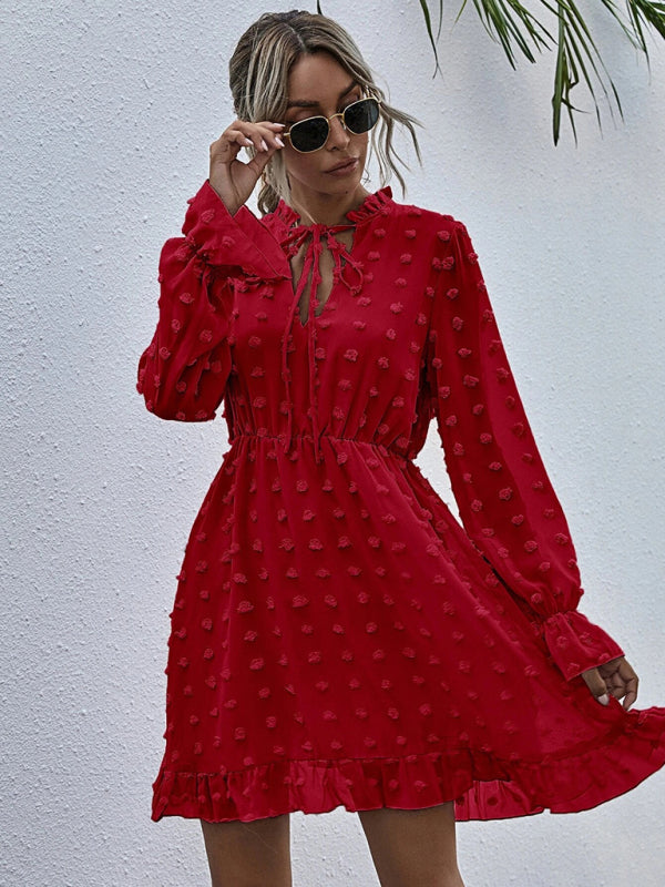 Women's Solid color polka dot jacquard long sleeve dress kakaclo