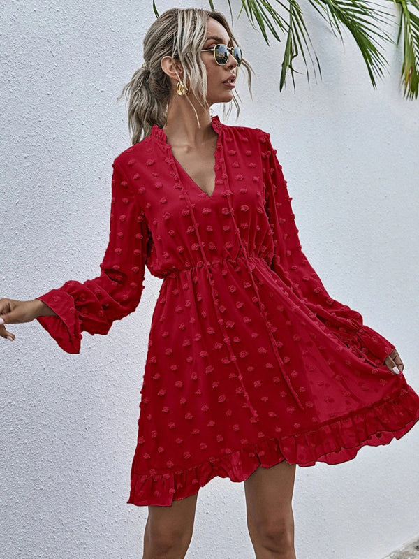 Women's Solid color polka dot jacquard long sleeve dress kakaclo