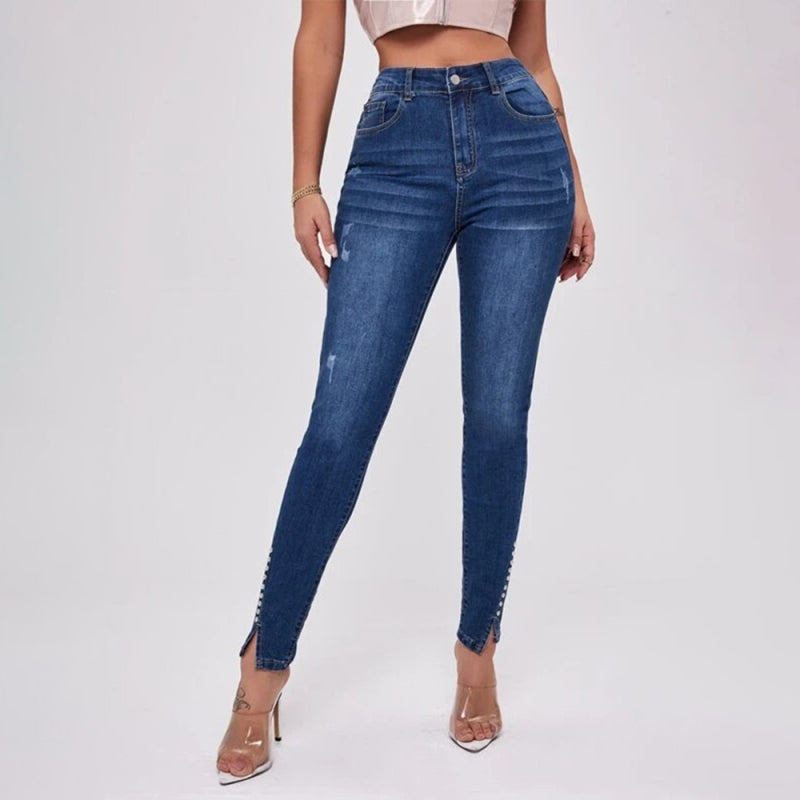Blue Zone Planet | Slit Beaded Stitching Slim High Waist Stretch Jeans-BOTTOM SIZES SMALL MEDIUM LARGE-[Adult]-[Female]-2022 Online Blue Zone Planet