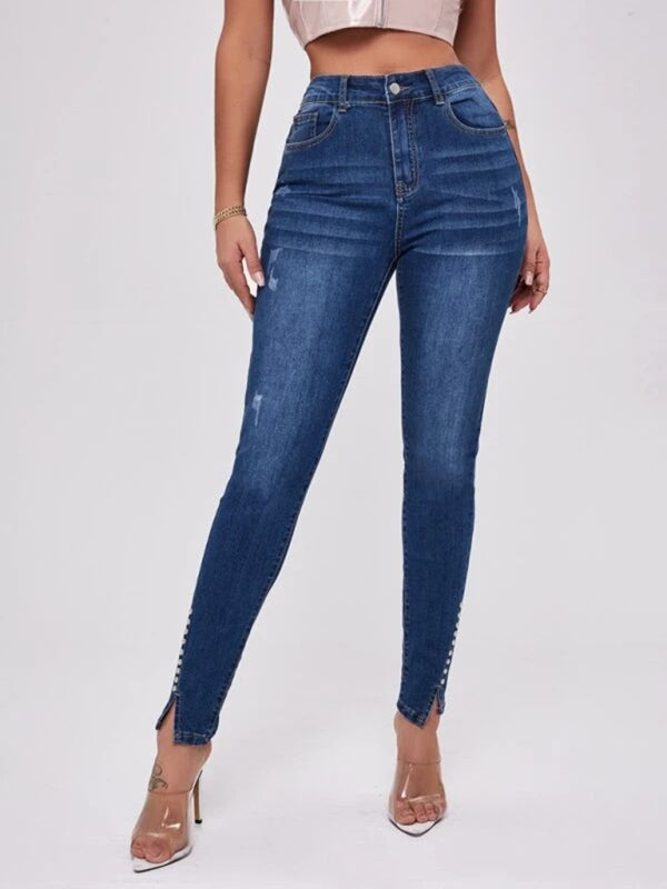 Blue Zone Planet | Slit Beaded Stitching Slim High Waist Stretch Jeans-BOTTOM SIZES SMALL MEDIUM LARGE-[Adult]-[Female]-Purplish blue navy-S-2022 Online Blue Zone Planet