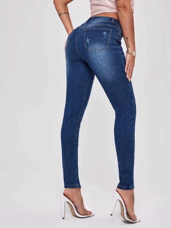 Blue Zone Planet | Slit Beaded Stitching Slim High Waist Stretch Jeans-BOTTOM SIZES SMALL MEDIUM LARGE-[Adult]-[Female]-2022 Online Blue Zone Planet