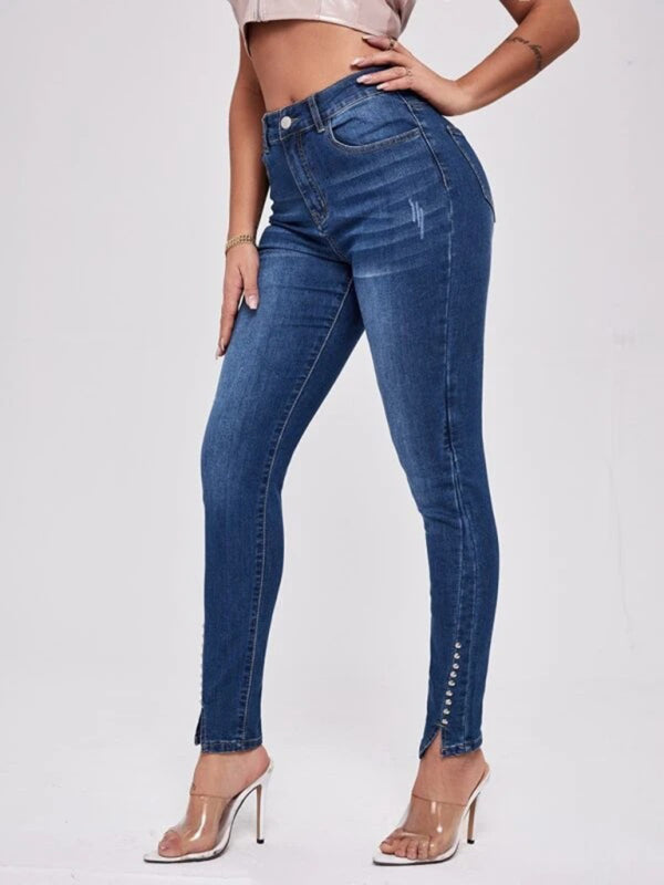 Blue Zone Planet | Slit Beaded Stitching Slim High Waist Stretch Jeans-BOTTOM SIZES SMALL MEDIUM LARGE-[Adult]-[Female]-2022 Online Blue Zone Planet