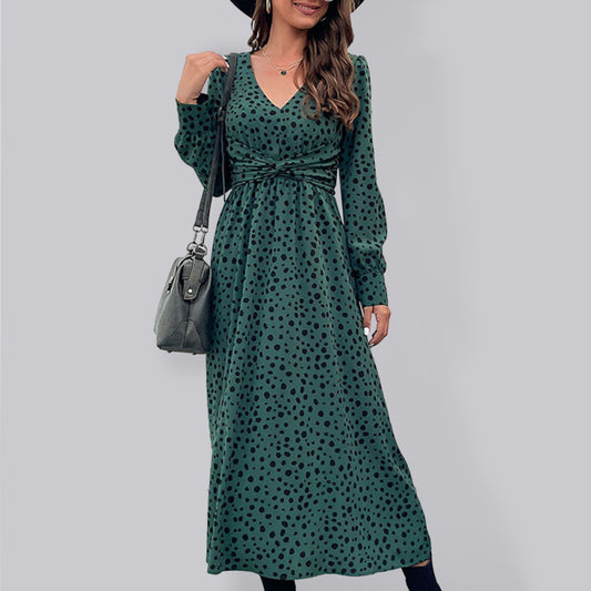 Blue Zone Planet |  Woven Polka Dot Knotted Long Sleeve Dress BLUE ZONE PLANET