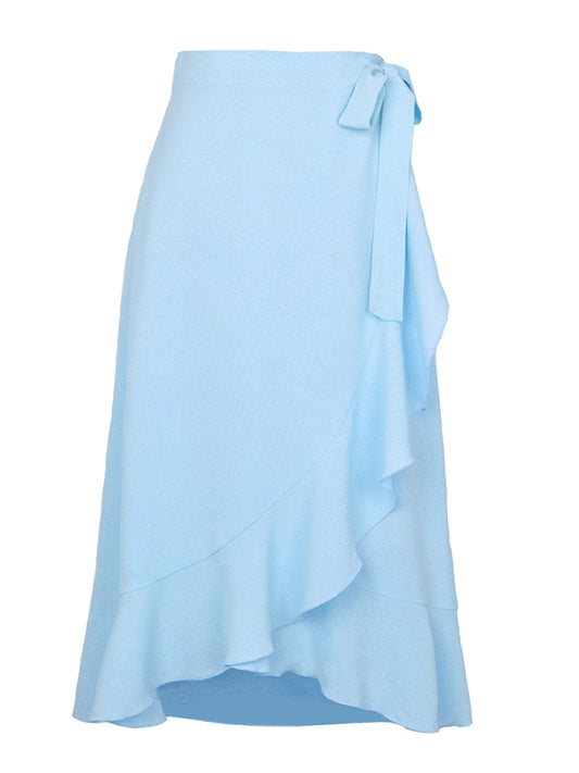 Waist Tie Solid Color Irregular Midi Flare Skirt BLUE ZONE PLANET