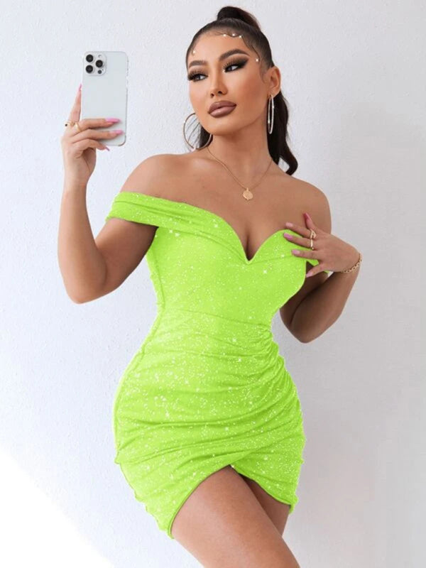 Blue Zone Planet |  Sexy v-neck one-shoulder dress celebrity party high-end slit hot girl bag hip kakaclo