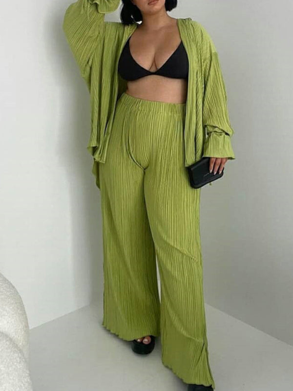 Solid Color Pressed Pleated Long Sleeve Cardigan Shirt Slit Top Trousers Two-Piece Set kakaclo