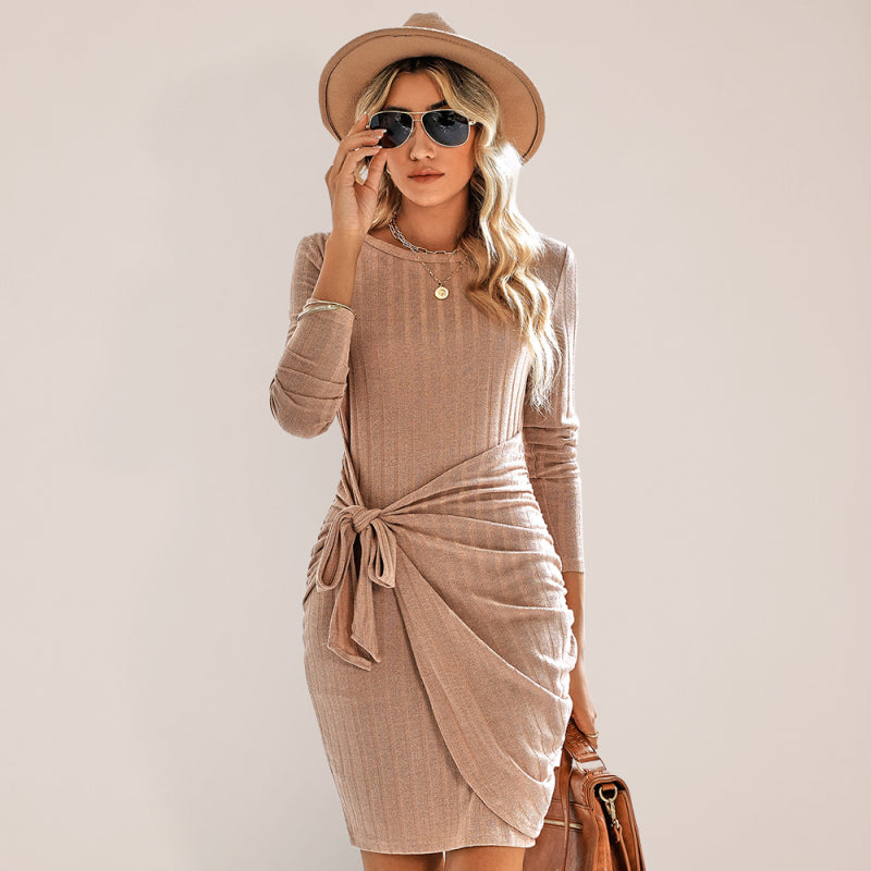 Knitted Round Neck Long Sleeve Package Hip Strap Dress kakaclo