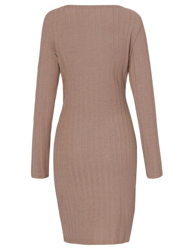 Knitted Round Neck Long Sleeve Package Hip Strap Dress kakaclo
